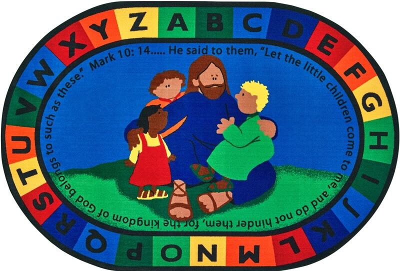 A blue and red oval rug with Jeasus in the center hugging three kids and the letters of alphabet along the border representing Faith-based Rugs for children rooms
