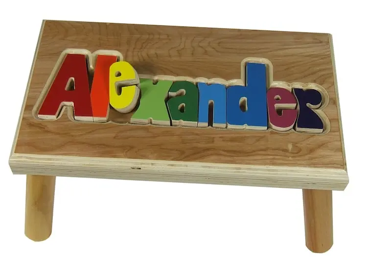 Name Stool with child’s name puzzled in primary colors